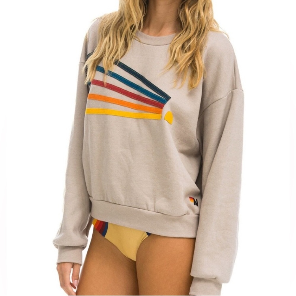 Aviator Nation Cream Oversized Sweatshirt with Colorful Stripes
